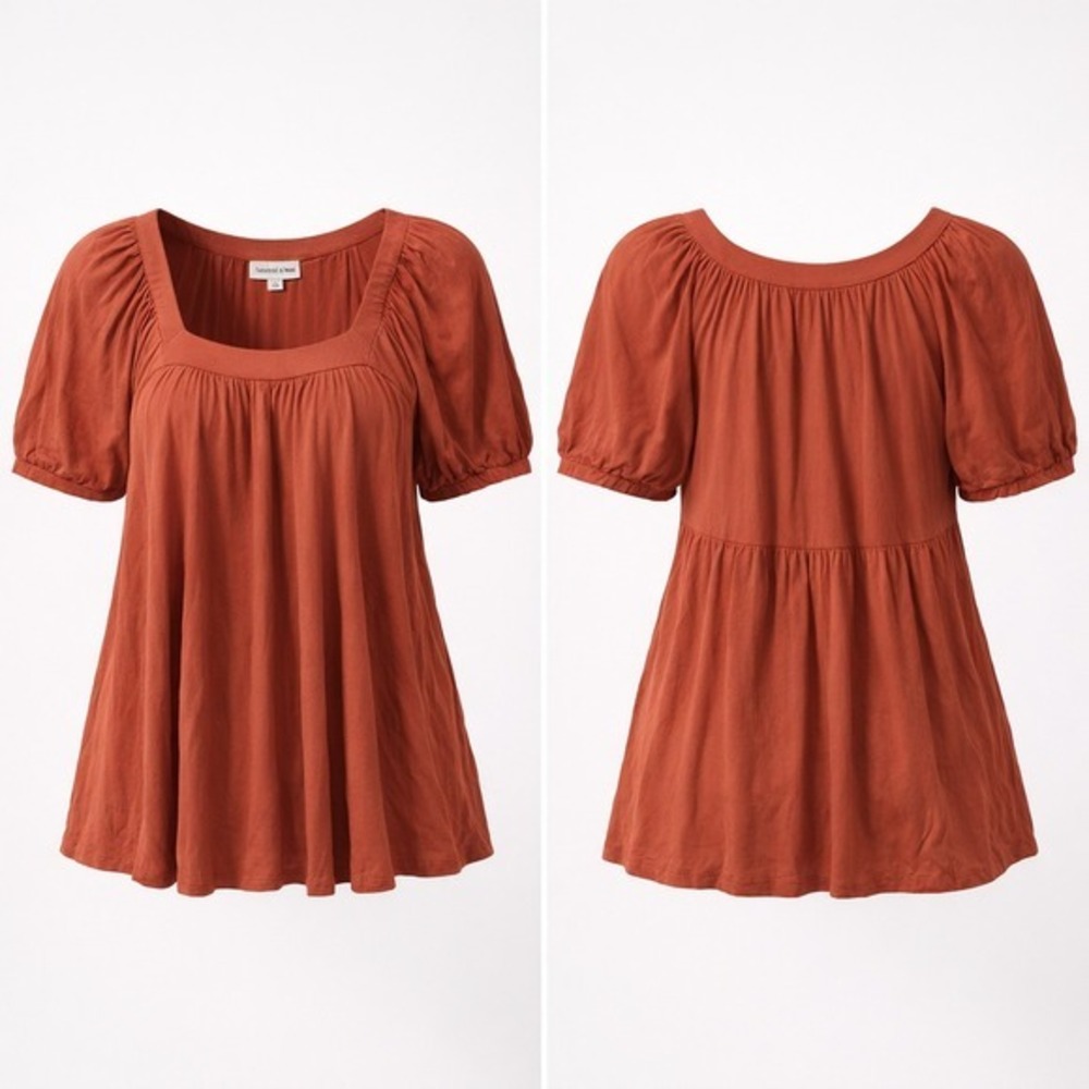 Lush Women's Medium‎ Rust Orange Smocked Puff Sleeve Square Neck Blouse Top